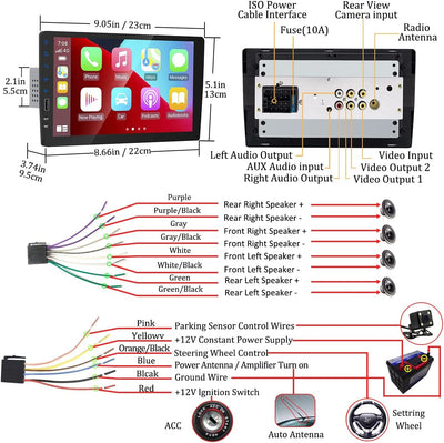 Autoradio Bluetooth 1 Din Compatibile Apple Carplay, 9 Pollici Stereo Auto Touch Screen Supporta Bluetooth Vivavoce/Am/Fm Radio/Mirror Link/Usb/Telecamera Posteriore/Microfono