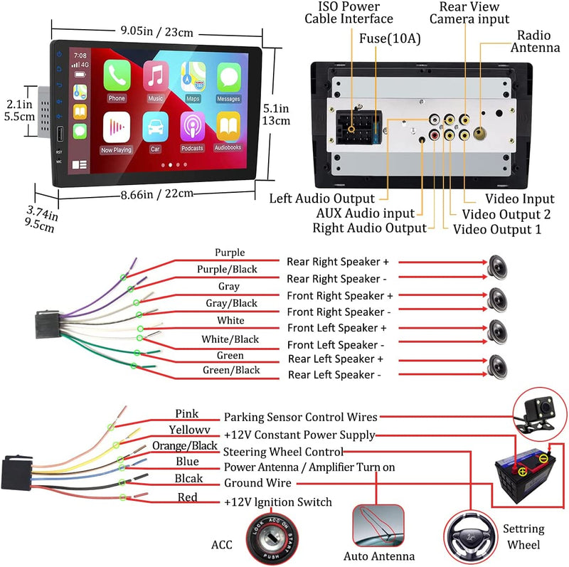 Autoradio Bluetooth 1 Din Compatibile Apple Carplay, 9 Pollici Stereo Auto Touch Screen Supporta Bluetooth Vivavoce/Am/Fm Radio/Mirror Link/Usb/Telecamera Posteriore/Microfono