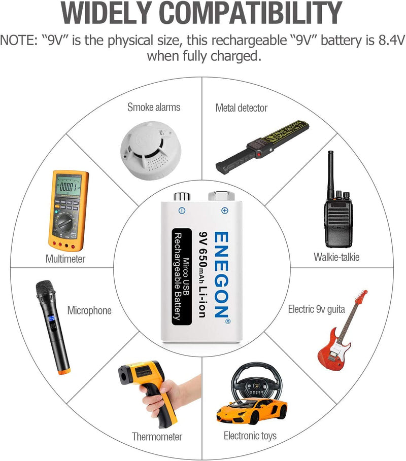 9V USB Dirette Batteria 650Mah Litio Ricaricabile Con Cavo Micro USB 2 in 1 per Microfono, Allarme Antifumo, Giochi Elettrici, Walkie-Talkie Ed Altri Dispositivi (2-Pezzi)