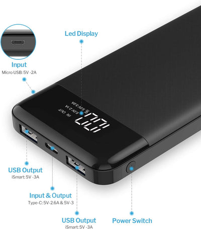 Power Bank 10400Mah, USB C Caricabatterie Portatile Con LED Digitale Display Batteria Esterna Portatile Con 2 Ingressi E 3 Uscite Da 5V/3A per Huawei Xiaomi Smartphone.(Nero)