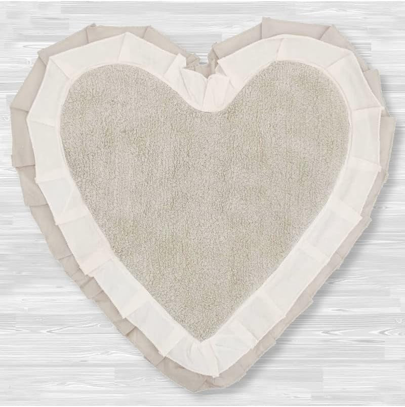 Tappeto Bagno a Forma Di Cuore Camera Da Letto Cucina in Cotone Shabby Chic Con Volant 65X68 (Tortora)