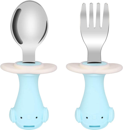 Set Di Posate per Bambini, Cucchiaio E Forchetta per Bambini Senza BPA, Posate Da Bambino in Acciaio Inossidabile 316, Con Scatola, Adatto per Bambini Dai 12 Mesi in Su (Forma Di Pinguino Blu)