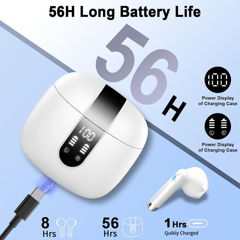 Cuffie Bluetooth, Auricolari Bluetooth 5.3 Cuffie Wireless In-Ear Con 4 Mic, 2023 Cuffie Senza Fili ENC Cancellazione Rumore, Mini Cuffiette Bluetooth IP7 Impermeabile Hifi Stereo/Led/Usb-C Bianco