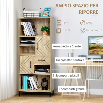 Scaffale Libreria Da Parete Con Ante E Cassetti in Legno, Design Moderno, 60 X 30 X 150Cm