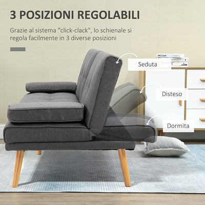 Divano Letto 3 Posti Reclinabile Con 2 Braccioli Staccabili E Tappetino Antiscivolo, in Tessuto Effetto Lino E Legno Di Pioppo, 181X77X78 Cm, Grigio Scuro