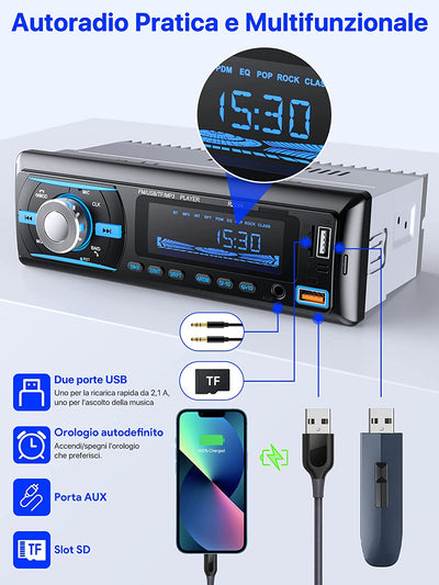 RDS Autoradio Bluetooth 5.0 Vivavoce,  FM/AM Bluetooth Autoradio Con Telecomando, Supporto Due USB/AUX In/Sd/Tf/Wma/Wav/Mp3 Player, 1 DIN Stereo Radio 4X65W Supporto Ios Android