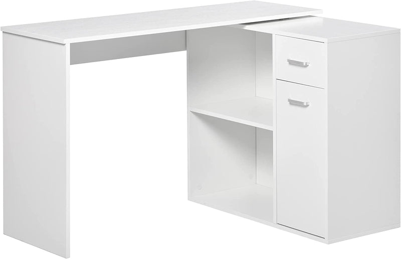 Scrivania Angolare Con Libreria Scaffale in Legno Bianco, Tavolo Da Pranzo per Computer Con Rotazione a 180°, 173X39.8X74 Cm