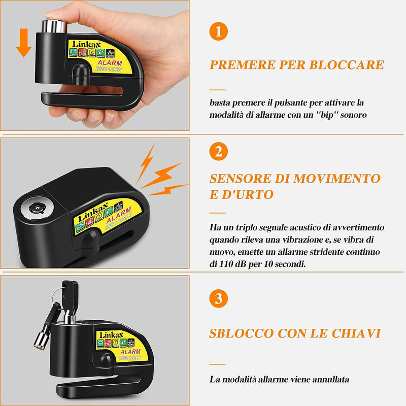 Bloccadisco Moto Antifurto,  Accessori Moto Con Allarme 110DB, Lucchetto per Moto Bici Scooter Motorino Moped Vespa Motocross