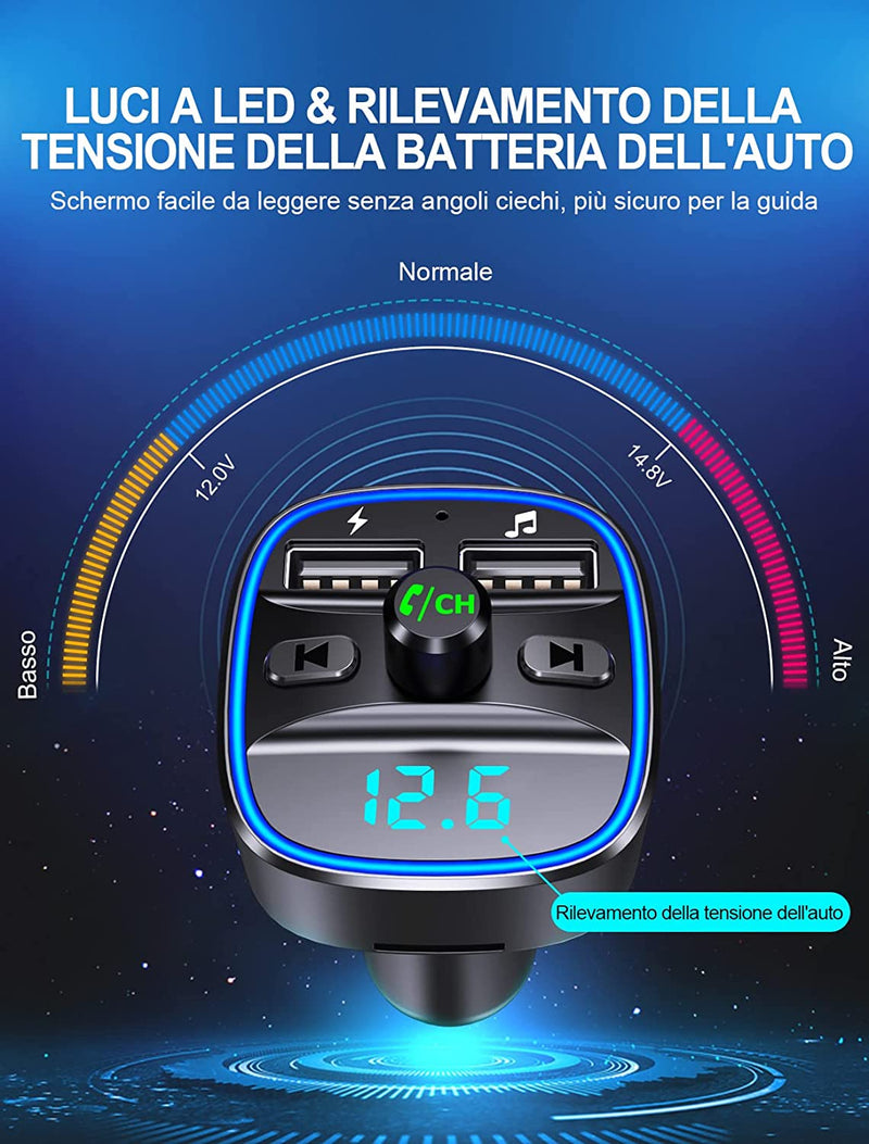 Trasmettitore FM Bluetooth per Auto, Adattatore Bluetooth Auto Audio Radio Lettore Musicale MP3, Chiamata Vivavoce, Porte USB Doppie (5V/2.4A & 1A), Lettore Di Schede TF & Chiavetta USB