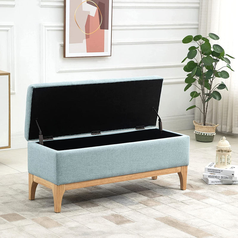 Panca Imbottita Contenitore in Tessuto Effetto Lino E Legno per Ingresso, Panca Fondo Letto Design Scandinavo, 110X39X45Acm, Azzurro