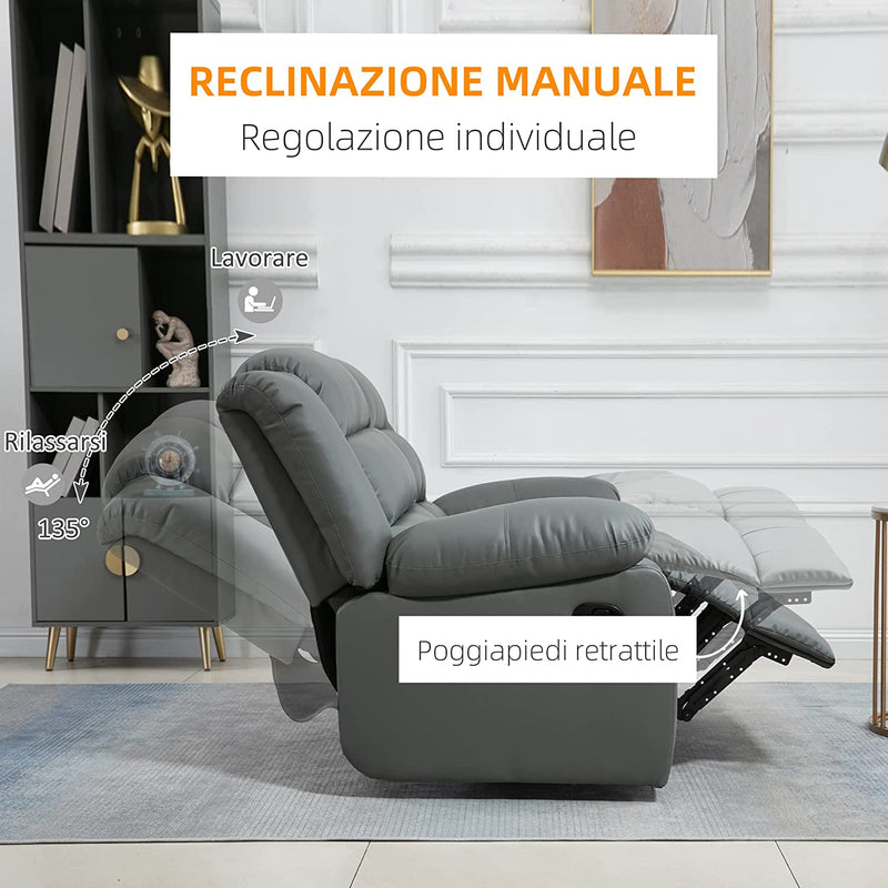 Divano 2 Posti Reclinabile Di 135° E Imbottito Con Schienale Diviso E Poggiapiedi Incluso, in Pelle PVC E Acciaio, 168X93X102 Cm, Grigio