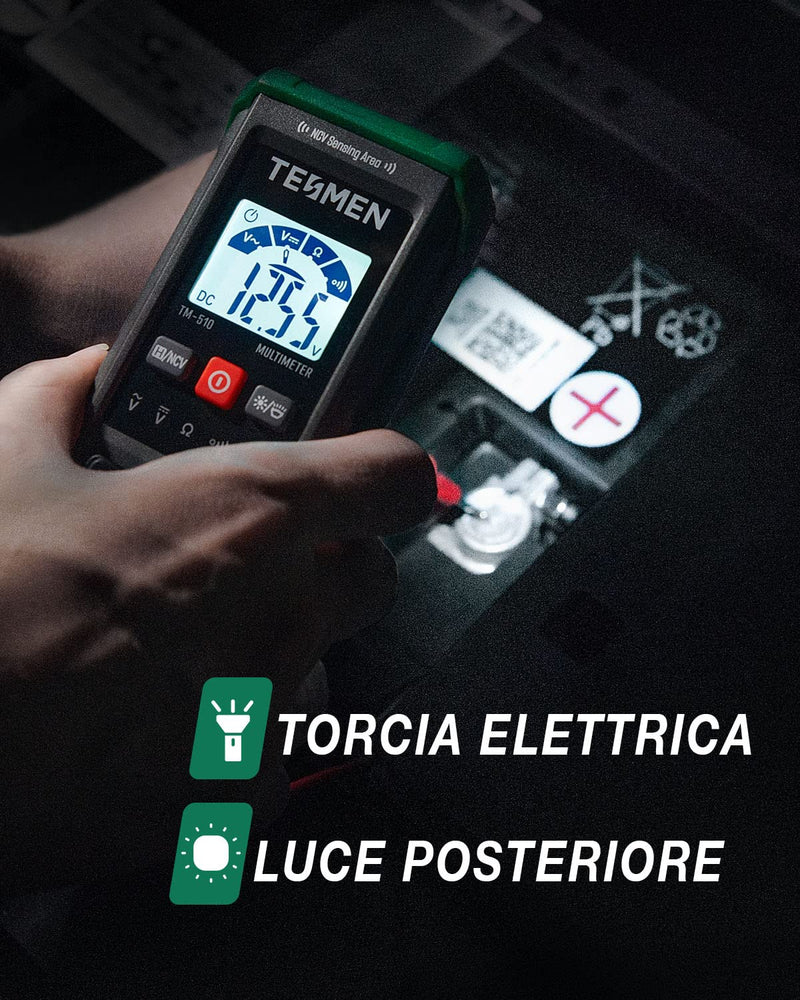 TM-510 Multimetro Digitale, 4000 Conta Tester Elettricista, Misurazione Smart, Autoranging, Senza Contatto, Misura Tensione AC/DC, Resistenza, Continuità – Verde