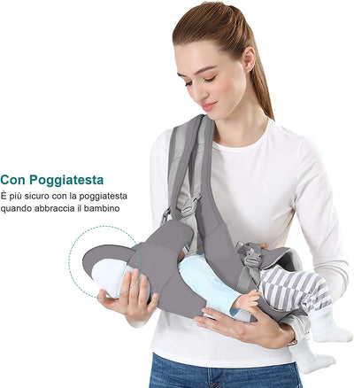 Marsupio Neonati Ergonomico, Porta Bambino Con Sedile Multiposizione, Con Poggiatesta E Cappuccio, Puro Cotone Traspirante Leggero, Ideale Neonati E Bambini Da 0-36 Mesi(Inferiore a 25Kg) Grigio