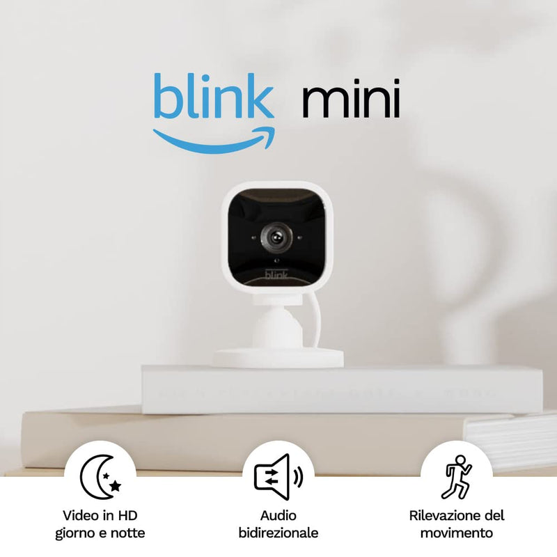 Blink Mini - Videocamera Di Sicurezza Intelligente per Interni, Plug-In, Video HD 1080P, Rilevazione Di Movimento, Audio Bidirezionale, Config. Semplice, Compatibile Con Alexa | 1 Videocamera (Bianco)