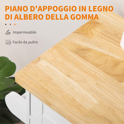 Carrello Da Cucina Con Cassetto, Portaspezie E Armadietto, 4 Ruote E Piano Di Lavoro in Legno, 109X40X89Cm, Bianco