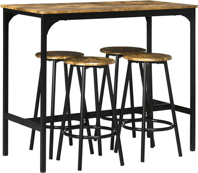 Set Da Bar 5 Pezzi Con Tavolo Alto E 4 Sgabelli, Bancone Bar Stile Industriale in Legno E Metallo, Marrone E Nero