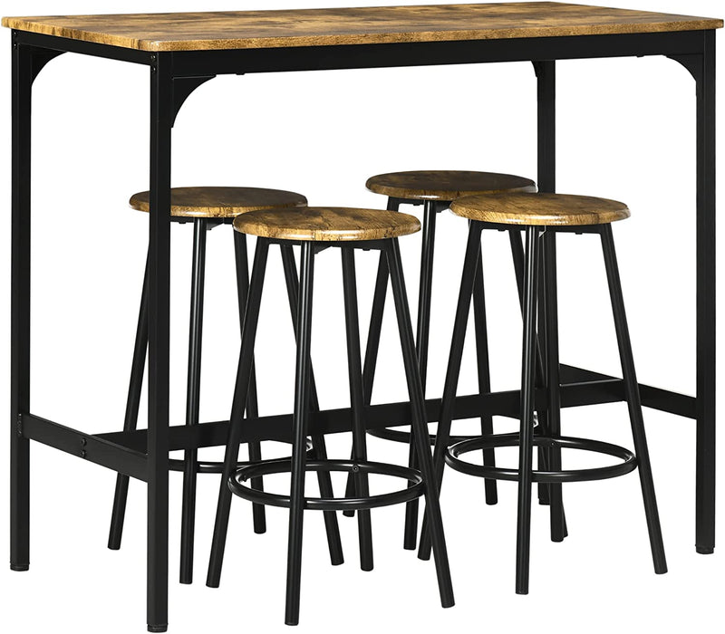 Set Da Bar 5 Pezzi Con Tavolo Alto E 4 Sgabelli, Bancone Bar Stile Industriale in Legno E Metallo, Marrone E Nero