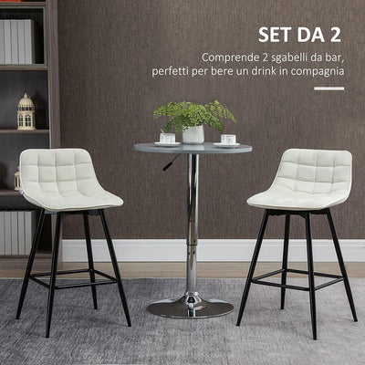 Set 2 Sgabelli Da Bar Con Schienale E Poggiapiedi, Sedie Imbottite Alte Stile Nordico in Metallo E Velluto, Bianco Crema, 45X47X88 Cm