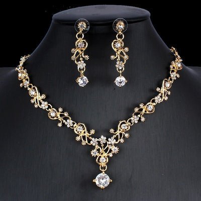 Golden Zircon Jewelry Set Bridal Necklace Earrings Wedding Two-Piece Set