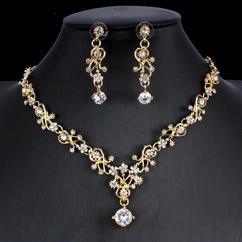 Golden Zircon Jewelry Set Bridal Necklace Earrings Wedding Two-Piece Set