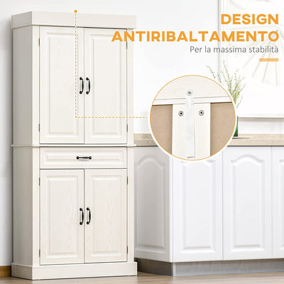 Credenza Cucina Con 2 Armadietti E Cassetto, Mobile Dispensa Stile Coloniale in Legno, 80X35X180Cm Bianco