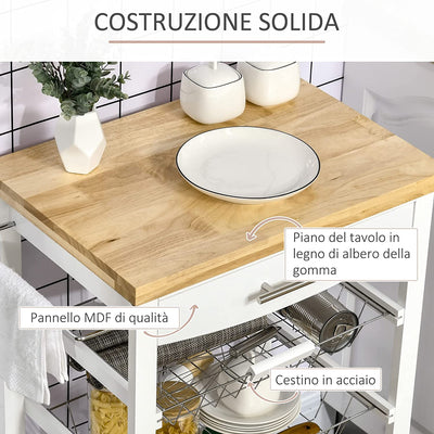 Carrello Da Cucina Con Cassetto E Cestini, Carrellino Porta Vivande Con Ruote Girevoli E Ripiano in Legno, 63X40X86Cm, Bianco