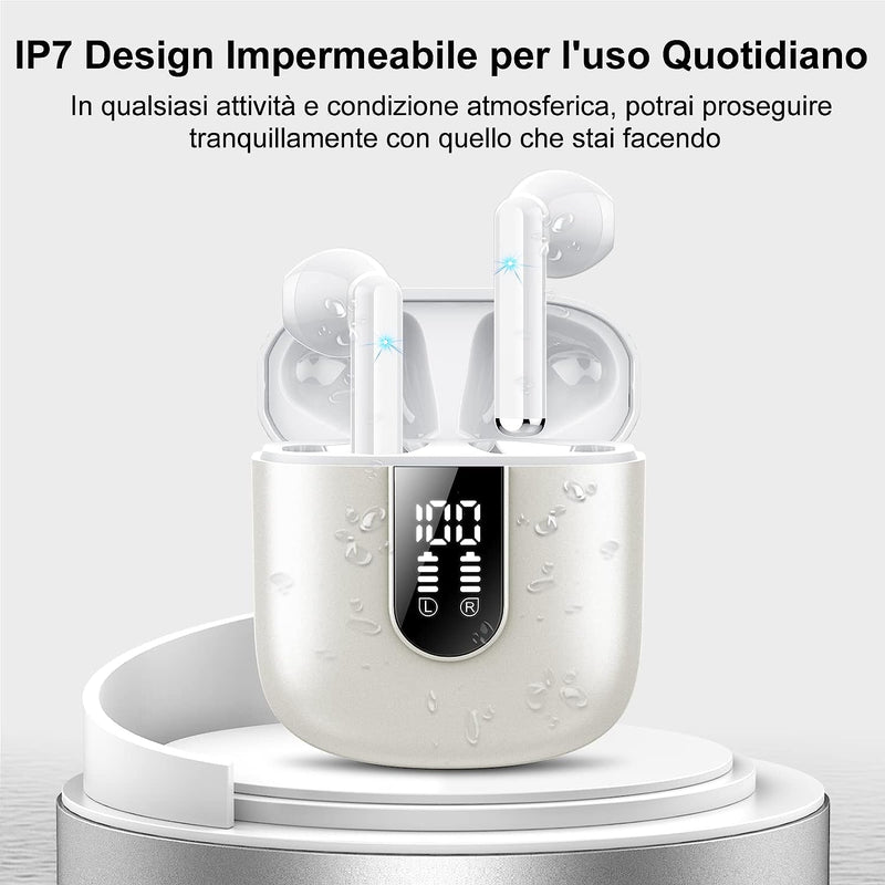 Cuffie Bluetooth, Auricolari Bluetooth 5.3 Con Stereo Hifi Immersivo, Cuffie Wireless Mini Incorporato 4 HD Mic, Cuffiette Bluetooth IP7 Impermeabili, Cuffie Senza Fili Con LED 30 Ore, Bianco(2023)