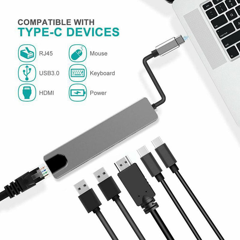 Type C to HDMI+USB3.0+PD 6 in 1 HUB Hub Rj45 Network Card Adapter