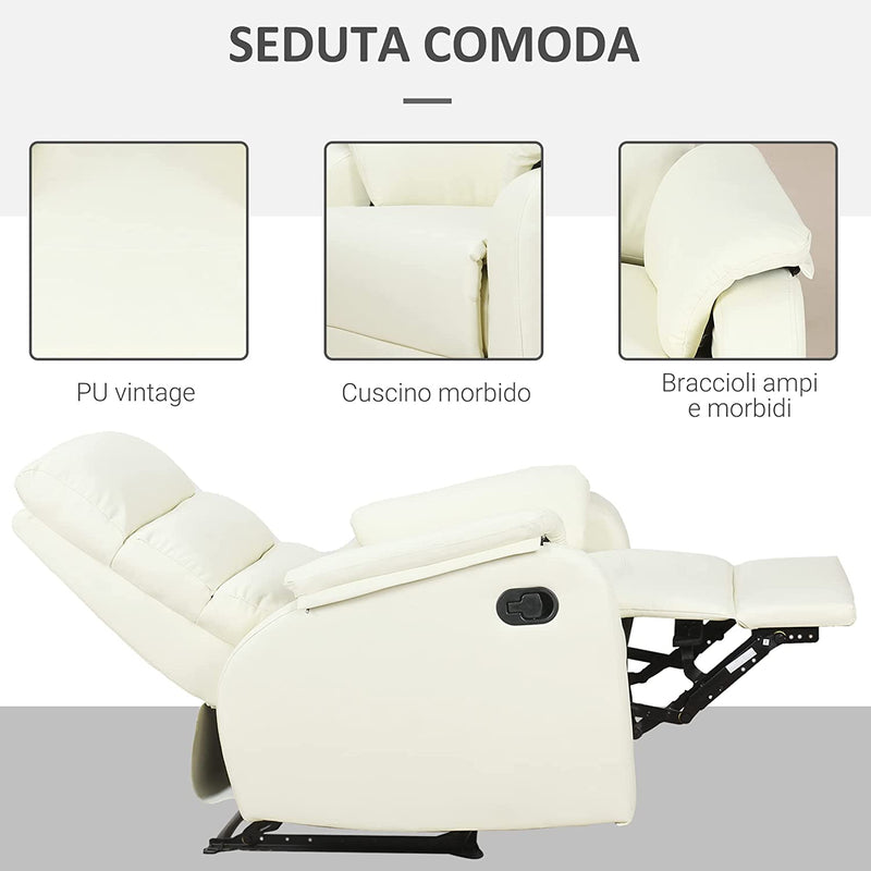 Poltrona Relax per Interni, Reclinabile Manualmente Con Cuscino Imbottito, in Similpelle E Acciaio, 75X82X99 Cm, Crema