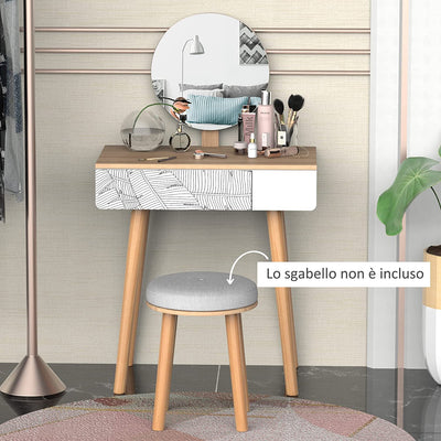 Tavolo Da Trucco Con Specchio Circolare Ф39Cm E Cassetto Con Decorazione Jungle, Bianco E Rovere, 70X39X119-128Cm