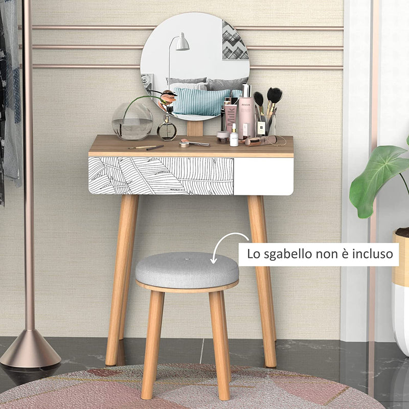 Tavolo Da Trucco Con Specchio Circolare Ф39Cm E Cassetto Con Decorazione Jungle, Bianco E Rovere, 70X39X119-128Cm