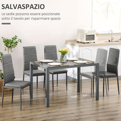 Set Da Pranzo 5 Pezzi Con 1 Tavolo Da Pranzo E 4 Sedie Moderne per Cucina O Sala Da Pranzo in Similpelle, Metallo E Vetro Temperato, Grigio