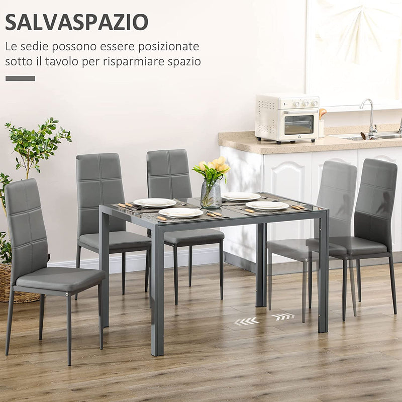 Set Da Pranzo 5 Pezzi Con 1 Tavolo Da Pranzo E 4 Sedie Moderne per Cucina O Sala Da Pranzo in Similpelle, Metallo E Vetro Temperato, Grigio