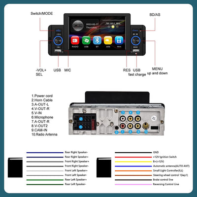 Autoradio 1 Din Con Schermo Bluetooth 5 Pollici Touch Screen Universale 1 Din Auto Stereo Vivavoce Mirror Link FM Radio Supporta Usb/Aux-In/Sd Card/Swc + Telecamere Retromarcia Lettore MP5