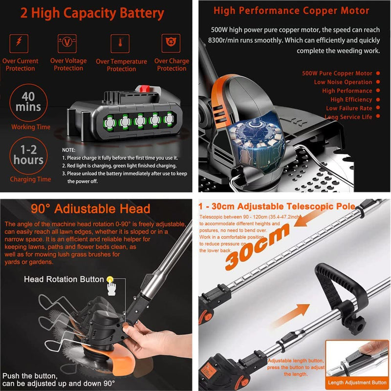 Tagliaerba Elettrico a Batteria Da 24 V, Con 2 Batterie E Caricabatterie, Batteria Da 90 a 120 Cm, Asta Telescopica E Batteria per Decespugliatore Girevole a 90°, per Giardino, Prato, Cespuglio