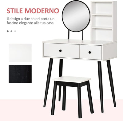 Set Tavolo per Trucco Con Sgabello E Specchiera, Toeletta Con 2 Cassetti E 3 Mensole in Legno, Bianco E Nero