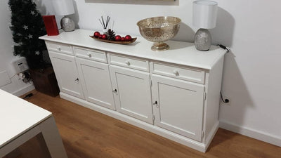 - Credenza Soggiorno, Legno Di Pioppo Bianco Opaco Elegante Shabby Chic, Credenza Arte Povera, Mobile Soggiorno Con 4 Porte Made in Italy - Mis. 205X42X86H