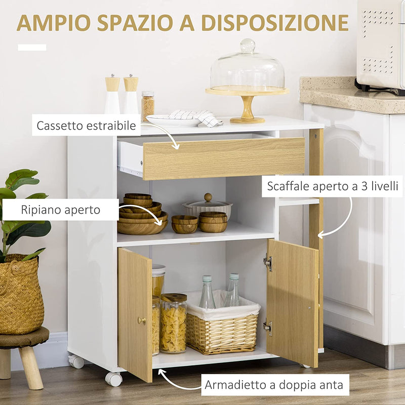 Carrello Da Cucina in Truciolato Con 4 Ripiani Aperti, Un Cassetto E Un Armadietto a 2 Ante, 80X39X85.5 Cm, Bianco E Rovere