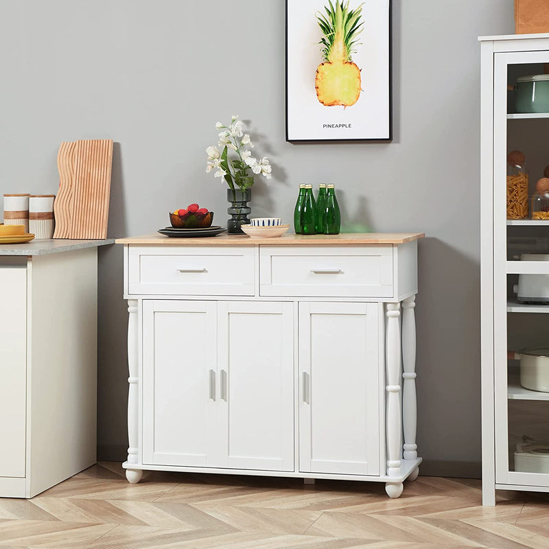 Isola per Cucina in MDF E Legno Di Pino Con 2 Cassetti, 2 Armadietti E Ripiani Interni Regolabili in 3 Posizioni, 106X39.5X89.5 Cm, Bianco