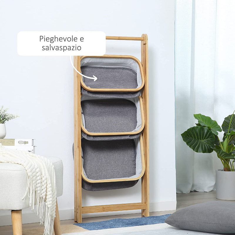 Mobile Bagno Pieghevole Con 3 Cassetti in Tessuto, Scaffale Salvaspazio a 3 Ripiani in Bambù E Poliestere Grigio, 45X31.5X108Cm