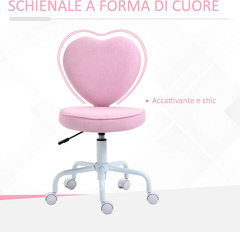 Sedia per Scrivania Cameretta a Forma Di Cuore, Sedia Da Ufficio Con 5 Rotelle Girevoli E Altezza Regolabile Rivestita in Lino Rosa, 40X50X79-89Cm