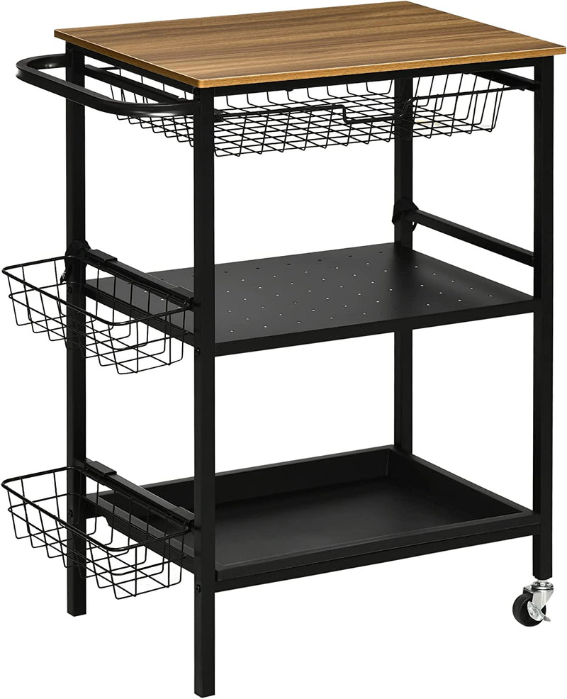 Carrello Da Cucina a 3 Livelli Con 2 Ruote, Un Cesto Estraibile E Un Vassoio in MDF E Acciaio, 75X43.5X91 Cm, Color Legno E Nero