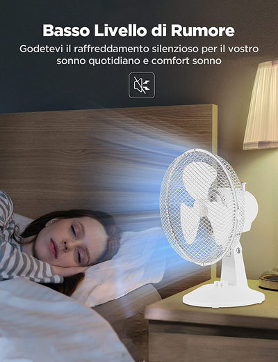 FT23-21M Ventilatore Da Tavolo 25W Diametro 23Cm Ventilatore Silenzioso Ventola a 3 Pale, 2 Livelli Di Velocità, Oscillazione 80°Bianco