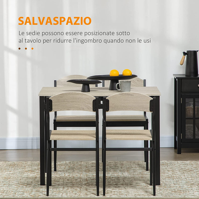 Set Da Pranzo Da 5 Pezzi Con 1 Tavolo Rettangolare 100X63X76.5 Cm E 4 Sedie 45X40X82 Cm, in Acciaio E MDF, Nero E Rovere