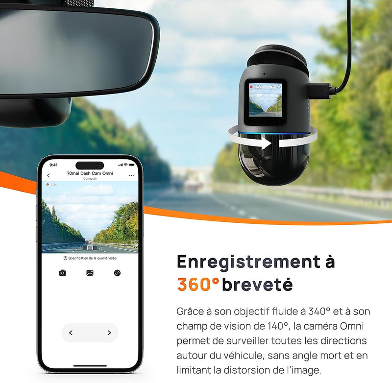 Dash Cam Omni, Rotazione a 360°, Visione Notturna Superiore, Memoria Emmc Da 128GB Integrata, Registrazione Time-Lapse, Modalità Parcheggio 24H, Rilevamento Del Movimento AI, 1080P Full HD