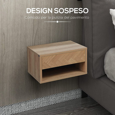 Set 2 Comodini Moderni Sospesi Con Cassetto E Mensola in Legno per Camera Da Letto 37X32X21Cm, Naturale