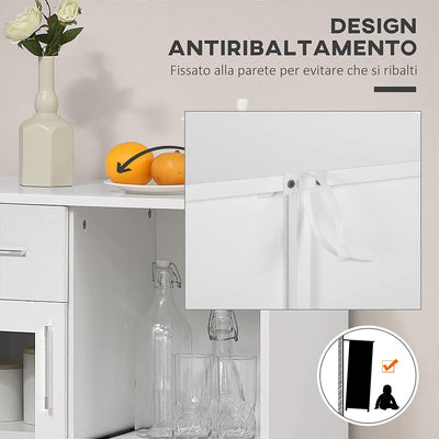 Credenza Moderna Con Armadietti E Cassetto, Mobile Cucina Salvaspazio in Legno E Vetro 60X40X95Cm, Bianco