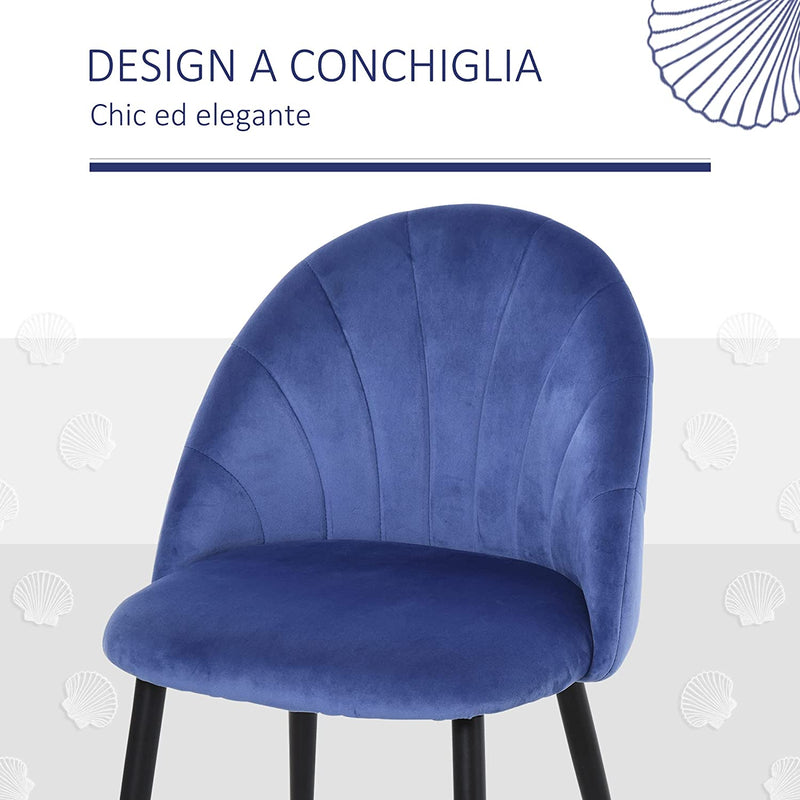 Set 2 Sedie Sala Da Pranzo E Soggiorno Imbottite, Design Nordico Ed Ergonomico in Metallo E Velluto Blu, 52X54X79 Cm