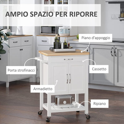 Carrello Da Cucina Salvaspazio Con Cassetto Armadietto E Ripiano, Carrellino Portavivande Con 4 Ruote per Sala Da Pranzo, Bianco