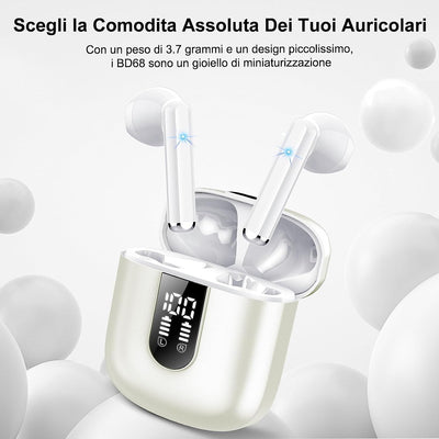 Cuffie Bluetooth, Auricolari Bluetooth 5.3 Con Stereo Hifi Immersivo, Cuffie Wireless Mini Incorporato 4 HD Mic, Cuffiette Bluetooth IP7 Impermeabili, Cuffie Senza Fili Con LED 30 Ore, Bianco(2023)